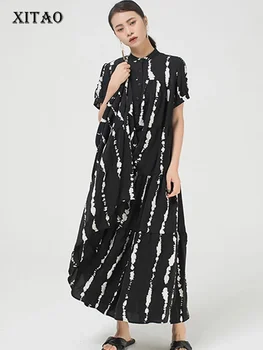 XITAO Patchwork Print Pattern Dress Women 2020 Summer Casual Fashion Style Temperament Stand Collar Suknelė trumpomis rankovėmis ZP1942