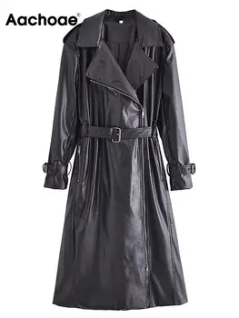 Aachoae Women High Street Solid Color Long Sleeve Trench Casual PU Faux Leather Long Coat Ladies Zipper Fly Trench With Belt