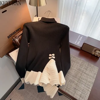 Prancūziški vintažiniai netaisyklingi raukiniai Megztinis megztinis Megztinis Moterys Rudens juodai Baltas Trikotažas Kiniškos viršūnės Femme Džemperis