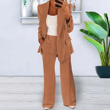 Fashion Solid Straight Long Pants Suit Elegant Women Formal Occasion Party Outfit Casual Office Lady Lapel Blazer Jacket 2vnt Komplektas