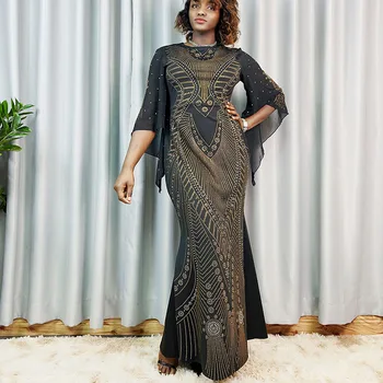 Afrikos Bodycon vakarėlių suknelės moterims Elegantiški formalūs prabangūs deimantai ilgomis rankovėmis Tampri juoda Maxi suknelė Femme vakariniai chalatai
