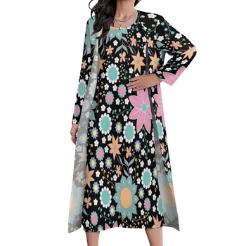 Pretty Flower Power Dress 60s 70s Floral Print Elegant Maxi Dress Street Style Boho Long Dresses Long Sleeve Oversized Vestidos