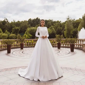 2024 Naujos išskirtinės vestuvinės suknelės su užtrauktuku Užtrauktukas Nugaros aplikacijos Satino nuotakos chalatai A-Line ilgomis rankovėmis Vestidos De Novia