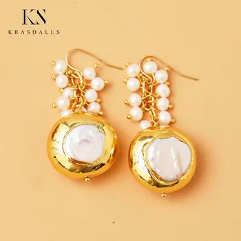 Balti gėlavandenių perlų kabliukai Auskarai Natūralus karoliukas Aukso spalva Kabėti auskarai Dizainerių papuošalai moterims