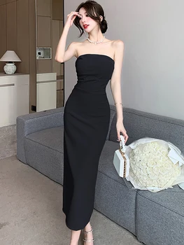 2023 Mėlyna Bodycon krūtinės apvyniojimas Seksuali prabangi ilga suknelė Vasarinė berankovė elegantiška prom suknelė Moterys Korėjos laisvalaikio vakarėlis Vestidos
