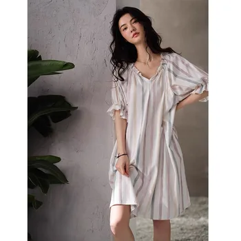 Nauji medvilniniai miego drabužiai Moteriška vasara Korėjiečių mada trumpomis rankovėmis dryžuotas saldus ir elegantiškas pižamos sijonas laisvas plius dydžio namų apranga