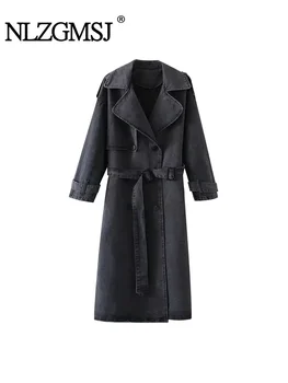 Nlzgmsj TRAF 2024 Fashion Women Trench Coat Loose Notched Collar Double Breasted Straight Solid Autumn Windbreaker