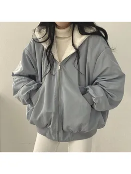 Moteriški drabužiai Korėjietiškas aksomas Sutirštintas Apverčiamas ėriuko vilna Medvilninis paltas Moteriška striukė Žieminis Naujas laisvas medvilninis paltas su gobtuvu