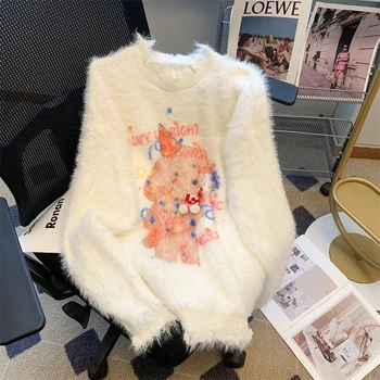 Rudens kalėdinis šunų megztinis megztinis Moteriškas korėjietiškas mada Y2K Netaisyklingas trikotažas Laisvi moteriški Moheros megztiniai Džemperiai