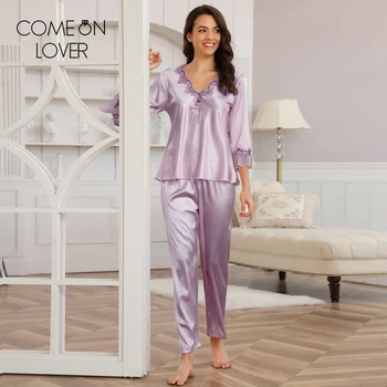 Comeonlover moteriškų pižamų rinkiniai Šilkinės satino pižamos moterims ilgomis rankovėmis miego drabužiai Loungewear 2 dalių moteriški naktiniai drabužiai Namų apranga