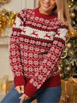2024 Nauji mezgimo megztiniai Kalėdiniai moteriški mieli animaciniai filmai Spausdinti Trikotažas ilgomis rankovėmis Apvalus kaklas Megztinio šventė