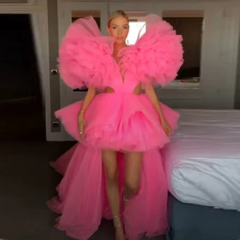 Karštos rožinės tiulio vakarėlio suknelės Aukštos žemos vešlios pūstos rankovės Vakarinė oficiali suknelė Ilgas traukinys Custom 2022 Naujas atvykėlis Vestidos De Gala