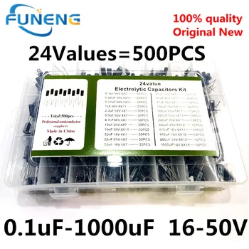 500vnt./lotas 0.1UF-1000UF 24Vertės Aliuminis Elektrolitiniai kondensatoriai 16-50V mišinys Elektrolitinis kondensatorius Įvairūs rinkiniai ir daiktadėžė