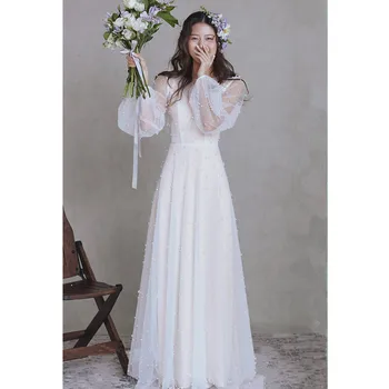 Karoliukai Tiulio vestuvinės suknelės su iliuzija ilgomis rankovėmis elegantiškos A linija Paprasta nuotakos suknelė Klasikinės saldžios O-kaklo vakarinės suknelės