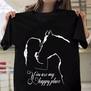 Funny Horse And Girl You Are My Happy Place Print T-shirts Summer Short Sleeve Tee Shirts Women O Neck Ladies Personalized Tops