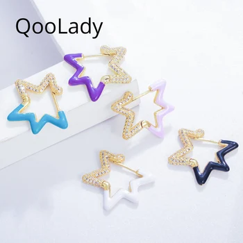 QooLady Lucky Star formos emalis Spindintis baltas CZ akmens aukso spalvos lankelio auskaras moterims Naujas mados vakarėlis Mados papuošalai E273