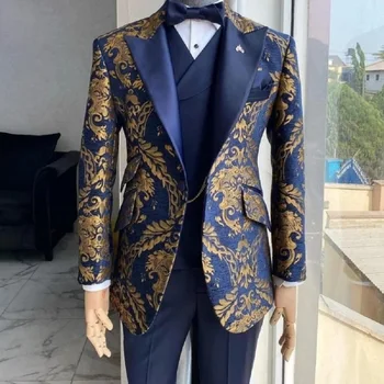 Karinio jūrų laivyno mėlynas vestuvinis vyriškas kostiumas 3 vnt aukso rašto siuvinėjimas plonas vestuvių jaunikiui Banketų laisvalaikio smokingo komplektas Švarkas+Liemenė+Kelnės