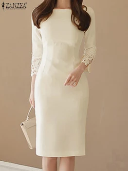 ZANZEA 2023 Rudens moterys Nėriniai 3/4 rankovės Vestidos Korean Collect Waist Slim Party vakarinė suknelė Solidi elegantiška suknelė apvaliu kaklu
