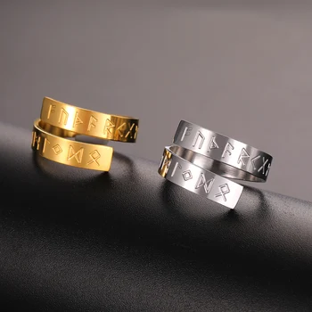 Dawapara Skandinavų Futhark runų žiedas reguliuojamas šiaurietiško simbolio apsaugos amuletas Nerūdijančio plieno vestuvių juosta moterims vyrams