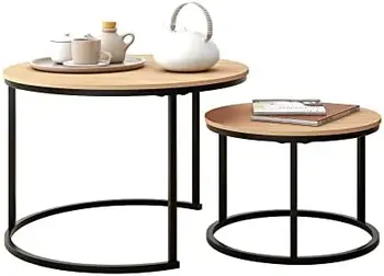 Apvalus kavos staliukų komplektas iš 2 galinių staliukų svetainei,sukraunami šoniniai staliukai, tvirtas ir lengvas surinkimas,medžio išvaizdos akcentiniai baldai 