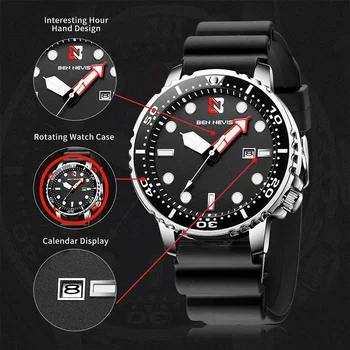 BEN NEVIS Vyriški laikrodžiai 30M vandeniui atsparus kvarco judėjimas Prabangus juodo nardymo vandens vaiduoklio stiliaus rankinis laikrodis