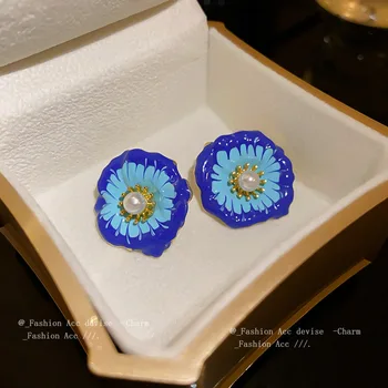 Elegantiškas mėlynas gėlių auskaras Imituoti perlų papuošalai moterims Subtilūs madingi auskarai Korėjos mados žavesys Papuošalai