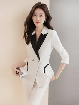 Ladies Formal Blazer Pant Suit Moterys Baltas juodas švarkas ir kelnės 2 dalių komplektas Moteriški biuro darbo drabužiai Verslo kostiumai