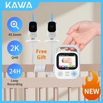 KAWA 2K QHD kūdikių monitorius su 2 kameromis ir garso belaide elektronine kamera Vaizdo domofonas 24 valandų įrašymo saugykla 4X priartinimas