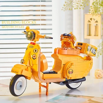 B.DUCK Geltoni motociklų statybiniai blokai Komplektas Kelioninis motociklas su šalmu Bagažinė Surinkti žaislai Plytos Mergaitės Berniukai Kalėdų dovanos