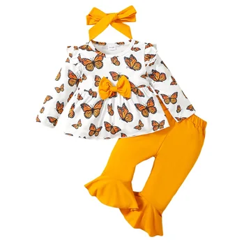 3Pcs Mažylis Mergaitė Ruduo Žieminiai drabužiai ilgomis rankovėmis Ruffle Gėlių drugelio viršūnės Kelnių komplektas su galvos juosta