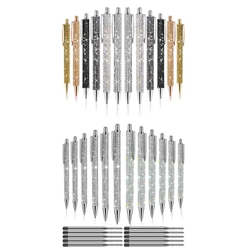 12 PCS Bling Pen Bulk Metal Tušinukas Diamond Pen Crystal Press Ištraukiamas juodas rašalas 0.7Mm tušinukas