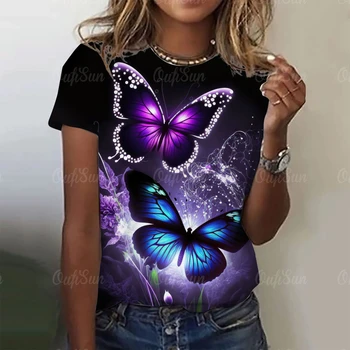 2023 Fashion Woman marškinėliai 3D Butterfly Print Crew Kaklas trumpomis rankovėmis Tee Prabangūs moteriški marškinėliai Oversized Y2k drabužiai Mergaitėms