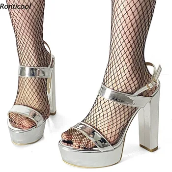 Ronticool New Arrival Women Platform Shiny Sandals Patent Chunky Heels Open Toe Puošnūs sidabriniai juodi suknelės bateliai JAV dydis 5-20