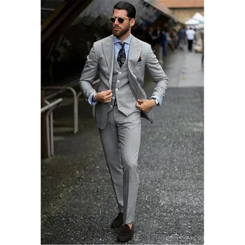Grey vyriški kostiumai Blazer Single Breasted Peaked Lapel Formal 3 dalių švarko kelnės Liemenė Slim Fit Verslo apranga Ropa Hombre 2023
