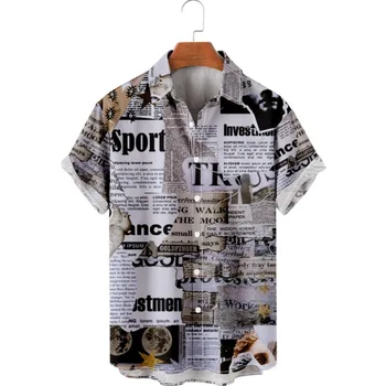 Japoniško stiliaus vyrai Gatvė dėvi Havajų laikraščio spausdinimo marškinėlius Paplūdimio marškinėliai Vasaros trumpomis rankovėmis Harajuku Hip Hop Aloha marškinėliai