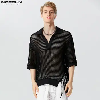 Casual Fashion Style Tops INCERUN New Men Hollowed Micro See-through Tassel Shirt Stilinga Solid Lapel Palaidinė trumpomis rankovėmis S-5XL