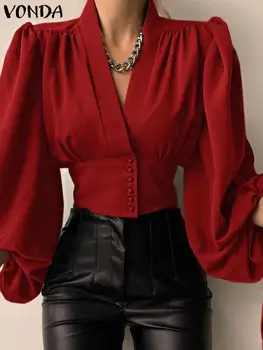 Elegantiški moteriški marškiniai 2023 VONDA Sexy V Neck Party palaidinė Office Lady Tops Solid Color Long Lantern Sleeve Marškiniai Fashion Blusas