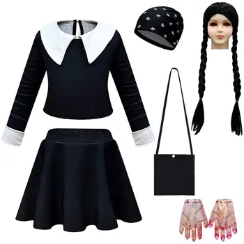 Cossky Addams Cosplay kostiumai Merginos Vaikų krepšys Perukas Trečiadienis Juodas maudymosi kostiumas ilgomis rankovėmis Helovino karnavalo kostiumas