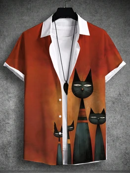 2024 Vasariniai vyriški marškiniai Art Cat Grafika 3D Print Paprasti marškiniai trumpomis rankovėmis Viršus Gatvės apranga Laisvi laisvalaikio havajietiški marškiniai