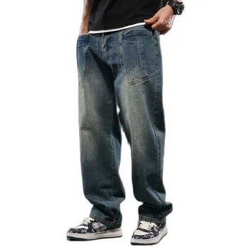 Madingi retro medvilnės džinsiniai džinsai Vyrai Laisvalaikio laisvalaikio krepšys Tiesios kelnės Aukščiausios kokybės gatvės apranga Kelnės Drabužiai
