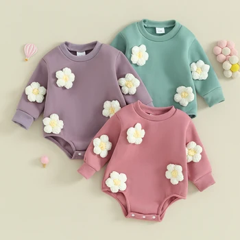 Cute Baby Sweatshirt Romper Bubble Long Sleeve Crew Neck 3D Flower Bodysuit Jumpbines Newborn Girl Spring Fall Drabužiai
