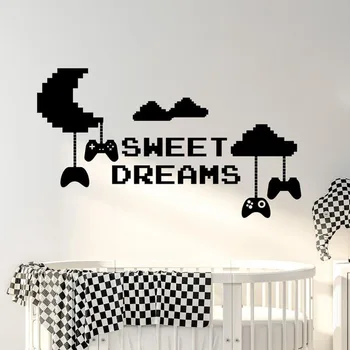 Sweet Dreams Wall Decal Kids Miegamasis Vaikų darželis Baby Room Moon Gamer Pixel Clouds žaidimo valdiklis Pagrindinis Dekoras Vinilo lipdukas S809