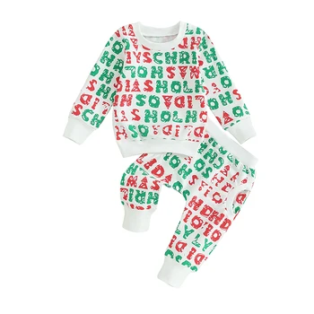 kūdikių kelnių komplektas, raidės spausdinti ilgomis rankovėmis įgulos kaklo džemperis su elastingu juosmeniu Sportinės kelnės Kalėdinė apranga mergaitėms berniukams