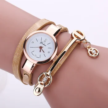 Fashion Women Bracelet Watch Gold Quartz Gift Watch Rankinis laikrodis Moteriška suknelė Odiniai laisvalaikio apyrankės laikrodžiai Karštas pardavimas