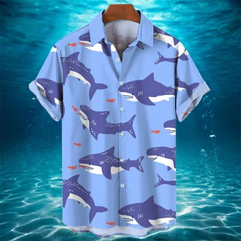 3D Animal Shark Print Hawaiian Shirt Vyriški vasaros laisvalaikio marškiniai Mada Jūros pasaulio trumpomis rankovėmis laisvi gatvės palaidinės drabužiai