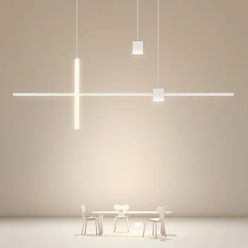Minimalistinis restoranas šviestuvas linijos geometrija Šiaurietiška balta valgomojo salė valgomojo stalas salos prekystalio baras ilgos juostos šviestuvas