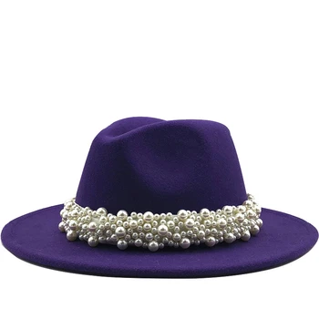 Karšta moterų vilna Fedora skrybėlė su perlų kaspinu Džentelmenas Elegantiška ponia Žiema Ruduo Platus kraštas Bažnyčia Panama Sombrero mergina Džiazo kepurė
