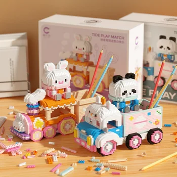 Kawaii Panda Automobilio figūrėlė Surinkti statybiniai blokai Animacinis filmas Triušio rašiklio laikiklis Mini mikro kaladėlių modelis Žaislai vaikams Kalėdų dovana